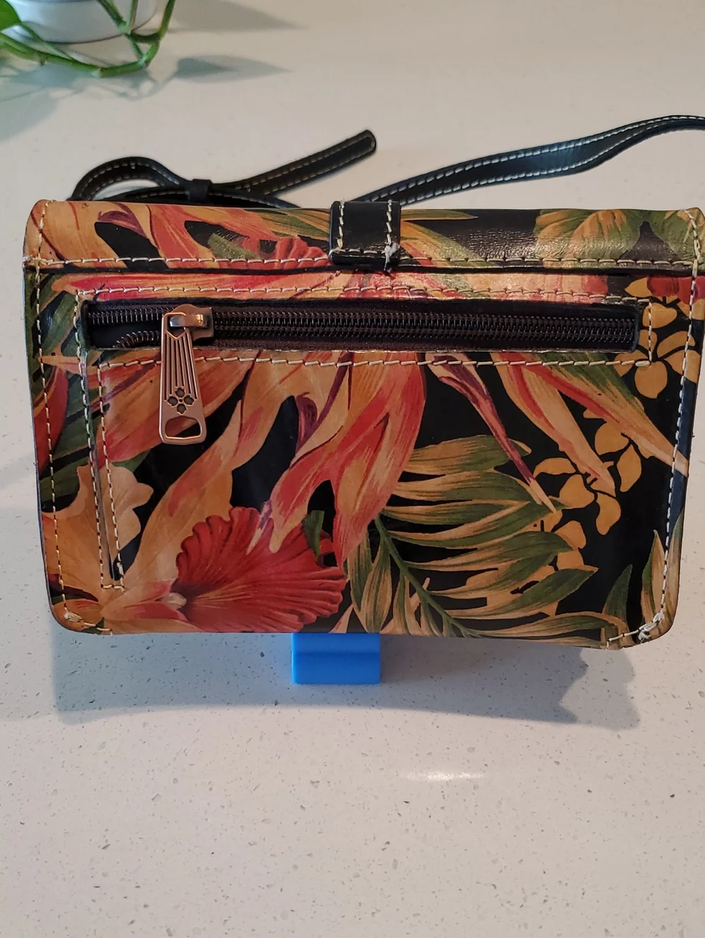 Black Floral Print Leather Handbag with Tan Suede Interior - Picture 4 of 6